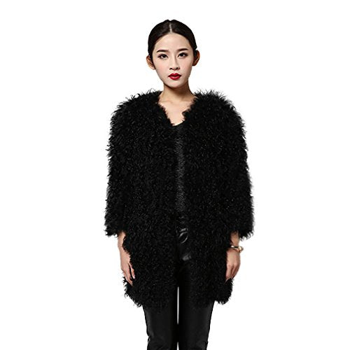 fur story Women's Knitted Fur Coat with Real Lamb Fur Thick Warm Coat Full Sleeve V Neck
