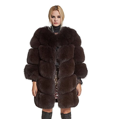fur story Women's Long Fur Coat with Real Fox Fur Thick Warm Coat O Neck