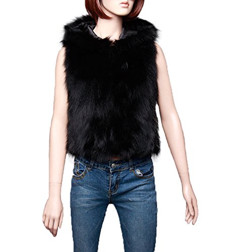 Fur Story Women's Real Raccoon Fur Vest with Hoodie Warm Waistcoat Sleeveless V Neck