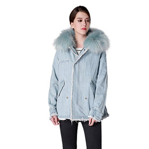 Fur Story Women's Real Fur Coat with Fox Fur Lining and Raccoon Fur Collar Full Sleeve