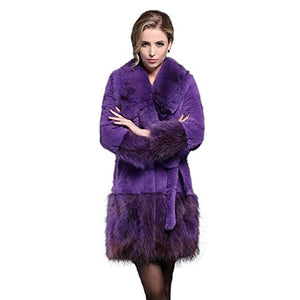 Fur Story 15157 Women's Long Real Rabbit Fur Coat with Fur Collor and Hem