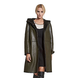 Fur Story Women's Synthetic Leather Long Coat with Real Lamb Fur Hoodie Double Faced Fur Full Sleeve O Neck