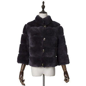 fur story Women's Long Real Rex Rabbit Fur Coat with Sheep Leather Warm Coat Full Sleeve Stand up Collar