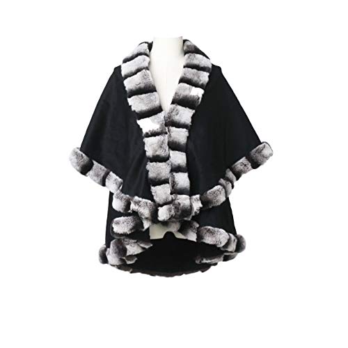 Women's Wool Poncho Coat With Rex Rabbit Fur Collar And Hem Thick Warm Winter Shawl (Fur Story 18704)