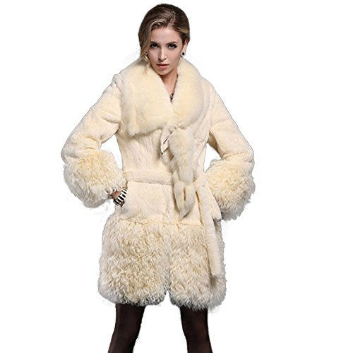 Fur Story 15157 Women's Long Real Rabbit Fur Coat with Fur Collor and Hem