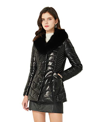 FUR STORY Women's Leather Quilted Jackets Puffer Jackets Packable Winter Coats With Fox Fur Collar 20102