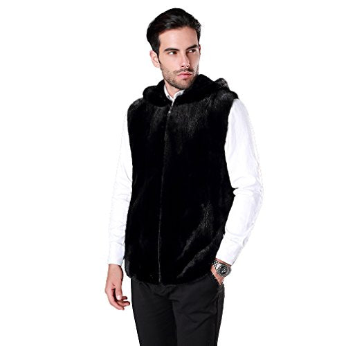 fur story Men's Genuine Mink Fur Vest Thick Warm Vest with Hood and Zipper Sleeveless O Neck (Black)