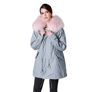 Fur Story Women's Long Real Fur Coat with Fox Fur Lining and Raccoon Fur Hood Full Sleeve