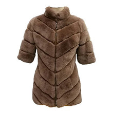 Load image into Gallery viewer, Fur Story Women&#39;s Middle Long Fur Coat with Real Rex Rabbit Fur Thick Warm Slim Coat Zip Half Sleeve Stand up Collar