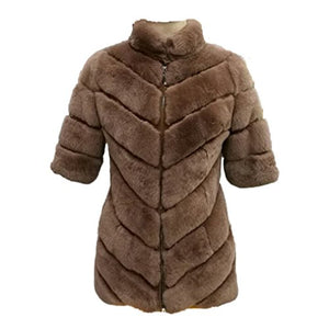 Fur Story Women's Middle Long Fur Coat with Real Rex Rabbit Fur Thick Warm Slim Coat Zip Half Sleeve Stand up Collar