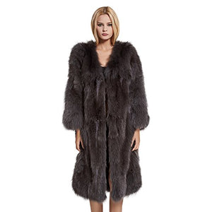 Fur Story Women's Long Genuine Fox Fur Coat Thick Warm Coat Nine Points Sleeve V Neck