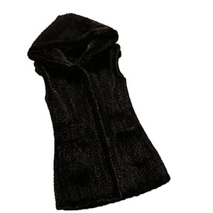 fur story Women's Fur Vest Hoodie Knitted with Real Mink Fur Vest Length 65CM