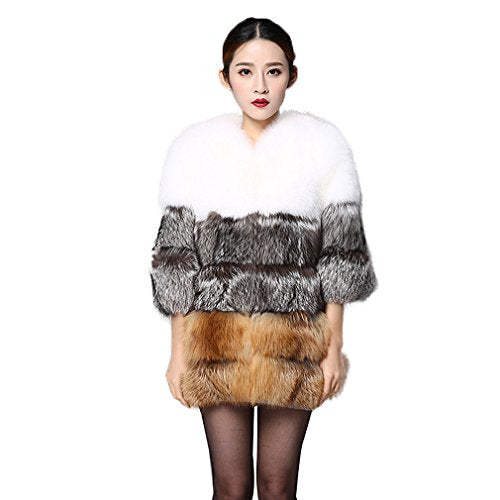 fur story Women's Middle Long Fur Coat with Real Fox Fur Thick Warm Coat 3/4 Sleeve O Neck