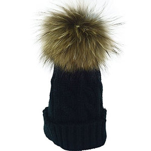 Fur Story Unisex Beanie Outdoor Cap Real Raccoon Fur Pom Pom Hats