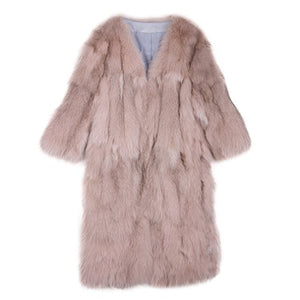 Fur Story Women's Long Genuine Fox Fur Coat Thick Warm Coat Nine Points Sleeve V Neck