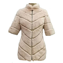 Load image into Gallery viewer, Fur Story Women&#39;s Middle Long Fur Coat with Real Rex Rabbit Fur Thick Warm Slim Coat Zip Half Sleeve Stand up Collar