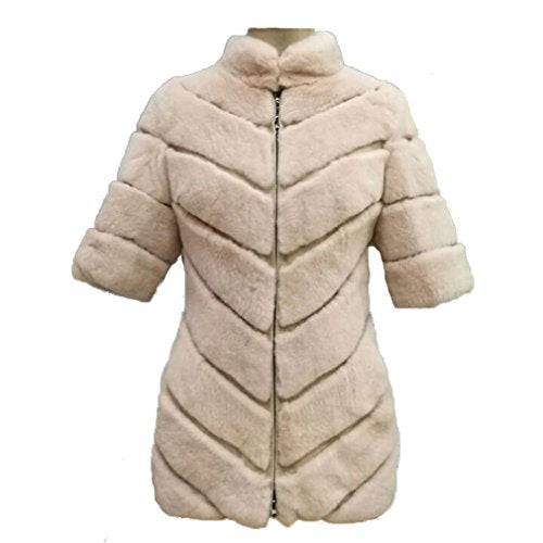 Fur Story Women's Middle Long Fur Coat with Real Rex Rabbit Fur Thick Warm Slim Coat Zip Half Sleeve Stand up Collar