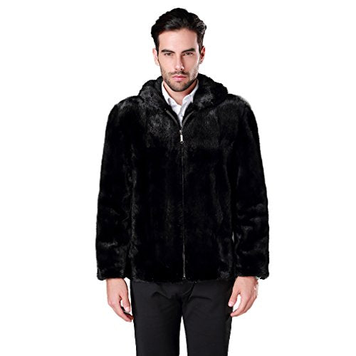 fur story Men's Genuine Mink Fur Coat Thick Warm Coat Full Sleeve Turn Down Collar (Black)