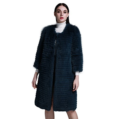 Fur Story Women's Long Fur Coat with Real Fox Fur Thick Warm Coat 3/4 Sleeve O Neck