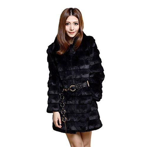fur story Women's Long Real Rabbit Fur Coat with Fox Fur Collar Thick Warm Coat Full Sleeve