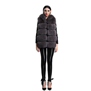 fur story Women's Fur Vest Hoodie with Real Fox Fur Thick Warm Vest with Hood Sleeveless