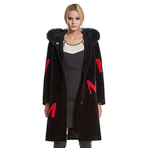 fur story Women's Lamb Shearing Fur Coat Thick Warm Long Winter Coat with Hood