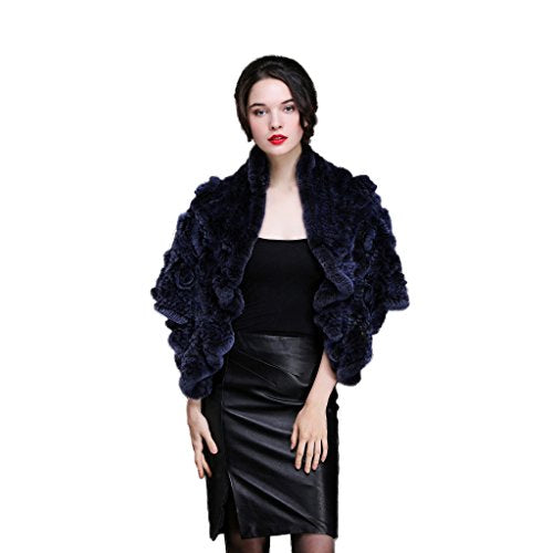 Fur Story Women's Knitted Short Fur Poncho with Real Rex Rabbit Fur Thick Warm Floral Pashmina