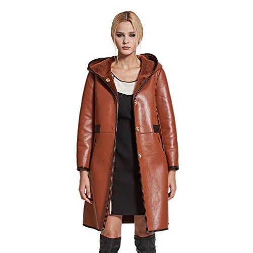 Fur Story Women's Synthetic Leather Long Coat with Real Lamb Fur Hoodie Double Faced Fur Full Sleeve O Neck