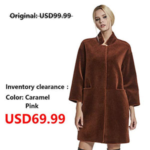 Women's Lamb Shearing Fur Coat Winter Coat 3/4 Sleeve Stand up Collar(6,Caramel)