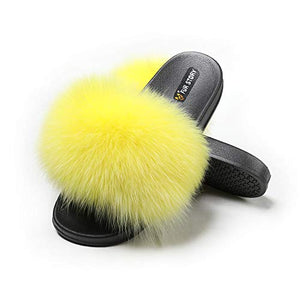 Fur Story FS20S01 Women's Fox Fur Slides Furry Slides for Outdoor Fluffy Sandals Open Toe Fur Slippers