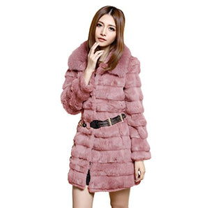 fur story Women's Long Real Rabbit Fur Coat with Fox Fur Collar Thick Warm Coat Full Sleeve
