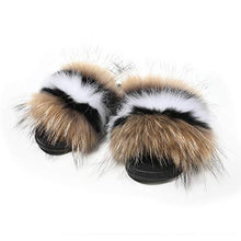 Load image into Gallery viewer, Fur Story Women&#39;s Fox Fur Slides Furry Slide Sandals Summer Fur Slippers (Brown, Numeric_7_Point_5)