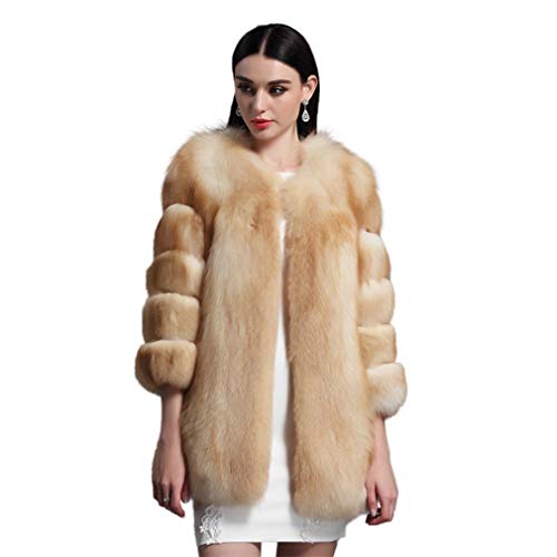 fur story Women's Middle Long Fur Coat with Real Fox Fur Thick Warm Coat 3/4 Sleeve O Neck