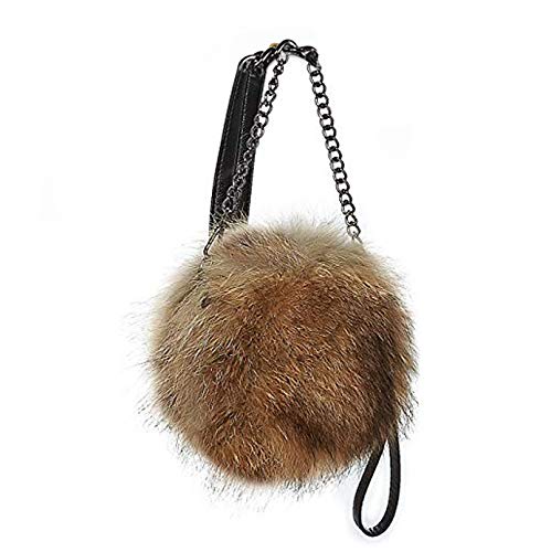 Fur Story Women's Winter Racoon Fur Brown Handbag Leather Ladies Shoulder Bag