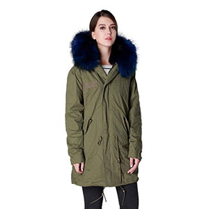 Fur Story Women's Long Real Fur Coat with Fox Fur Lining and Raccoon Fur Hood Full Sleeve