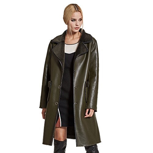 Fur Story Women's Synthetic Leather Long Coat with Real Lamb Fur Double Faced Fur Full Sleeve Turn Down Collar