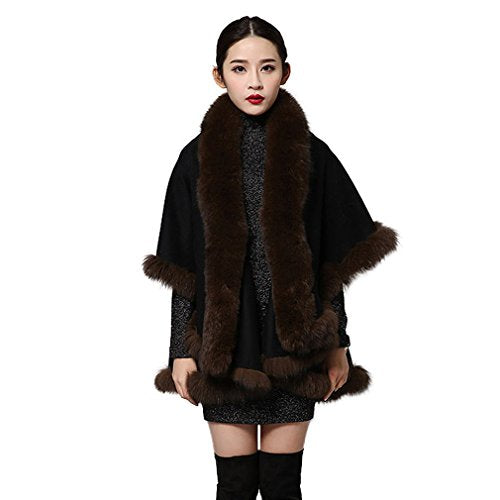 Fur Story Women's Real Cashmere Poncho with Fox Fur Collar Trim and Hem Thick Warm Shawl