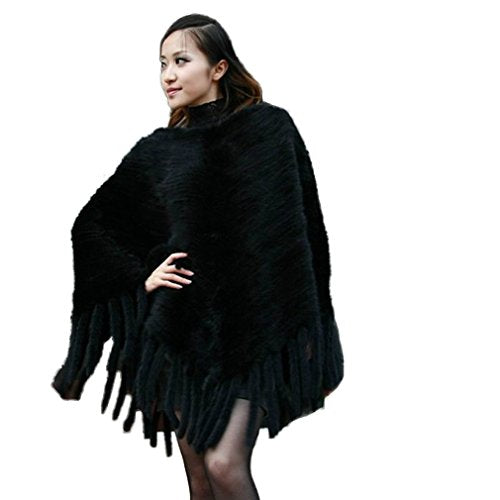 Fur Story Women's Knitted Long Fur Poncho with Real Mink Fur Thick Warm Pullover with Tassels