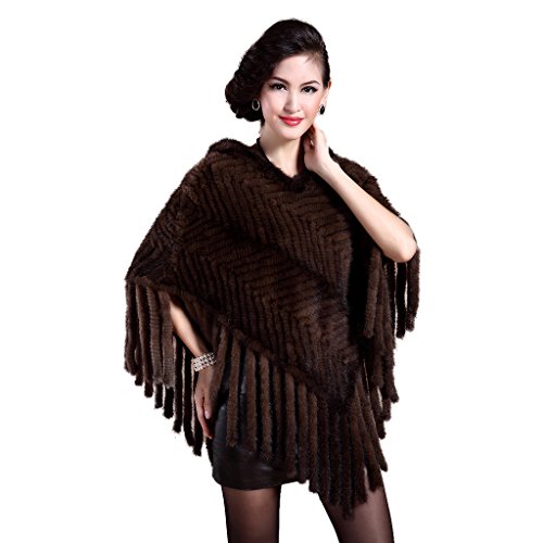 Fur Story Women's Knitted Fur Poncho with Real Mink Fur Thick Warm Poncho with Tassels