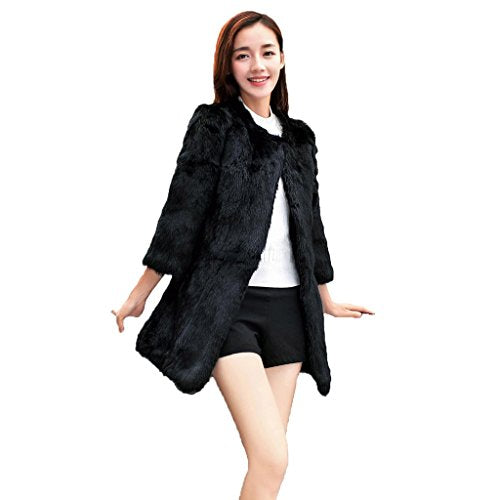 fur story Women's Long Fur Coat with Real Rabbit Fur Thick Warm Coat 3/4 Sleeve O Neck