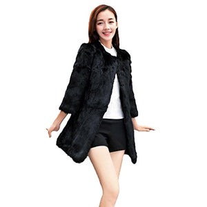 fur story Women's Long Fur Coat with Real Rabbit Fur Thick Warm Coat 3/4 Sleeve O Neck