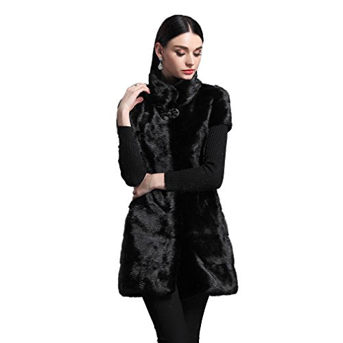 fur story Women's Long Fur Vest with Real Mink Fur Thick Warm Vest Short Sleeve Stand up Collar