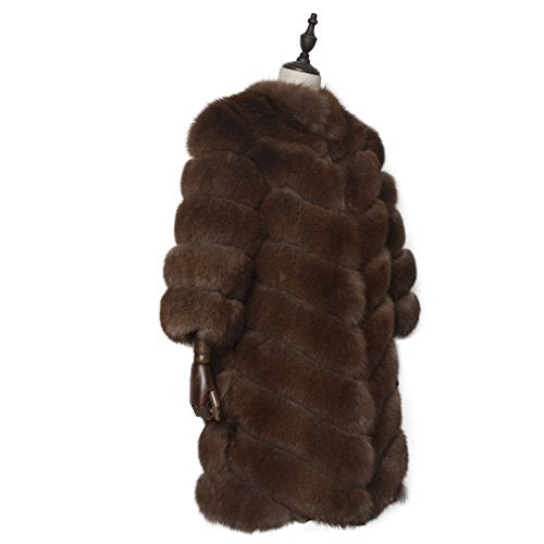 fur story Women's Long Fur Coat with Real Fox Fur Nine Points Sleeve Stand up Color (Sable Color)