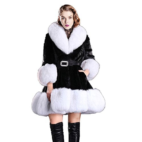 fur story Women's Long Real Mink Fur Coat with Fox Fur Collar Cuff and Hem Full Sleeve