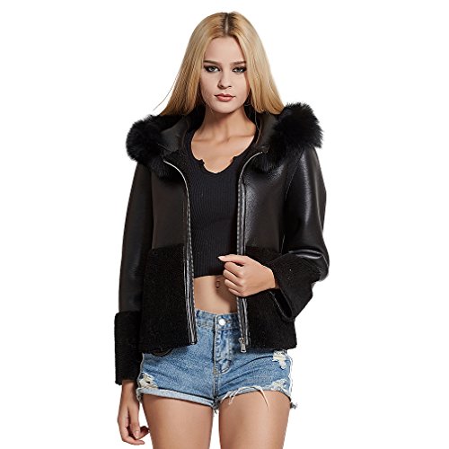 Fur Story Women's Synthetic Leather Coat with Real Lamb Fur and Fox Fur Hood Warm Zip Jacket Full Sleeve