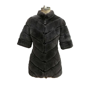 Fur Story Women's Middle Long Fur Coat with Real Rex Rabbit Fur Thick Warm Slim Coat Zip Half Sleeve Stand up Collar