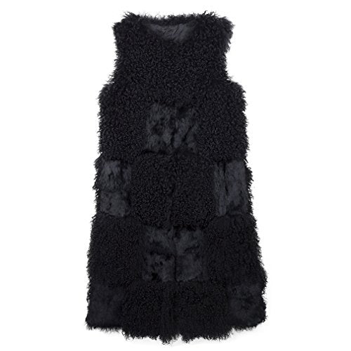 fur story Women's Long Real Mongolian Lamb Fur Vest with Rabbit Fur Sleeveless O Neck