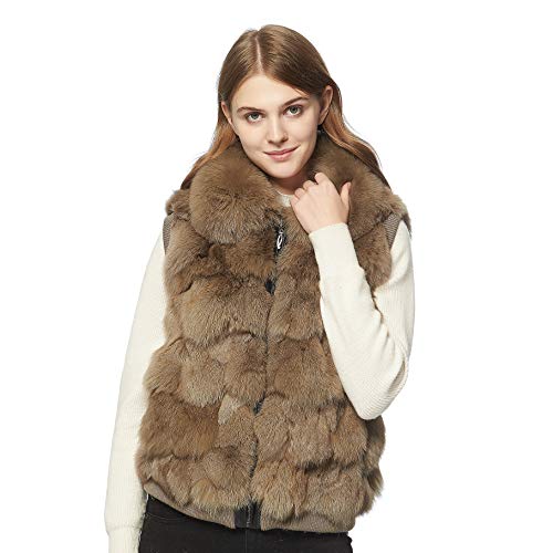 Fur Story Women's Genuine Fox Fur Vest with Collar Fuzzy Warm Sleeveless Overcoat Waistcoat in Winter(Kahki-3XL)