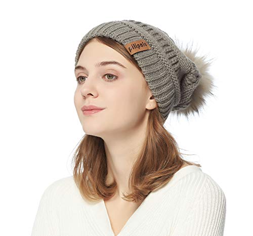 Pilipala Womens Winter Knit Beanie Hat Slouchy Warm Pom Pom Hat Faux Fur Caps for Women Ladies Girls