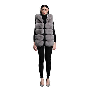 fur story Women's Fur Vest Hoodie with Real Fox Fur Thick Warm Vest with Hood Sleeveless